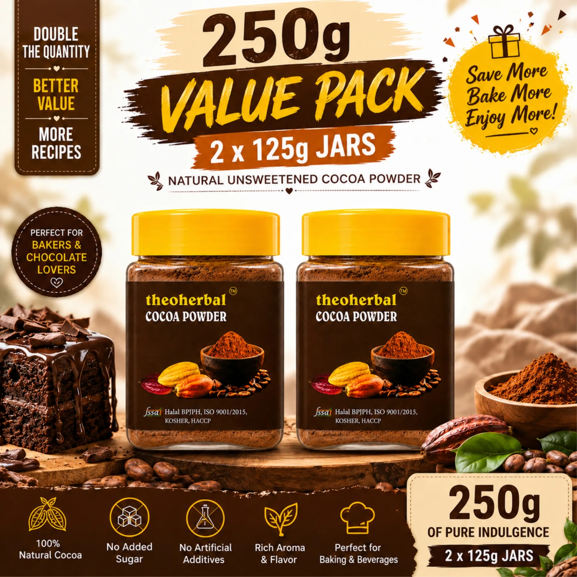 Unsweetened Cocoa Powder 250(2X125)g | Rich Cocoa for Baking | Theoherbal